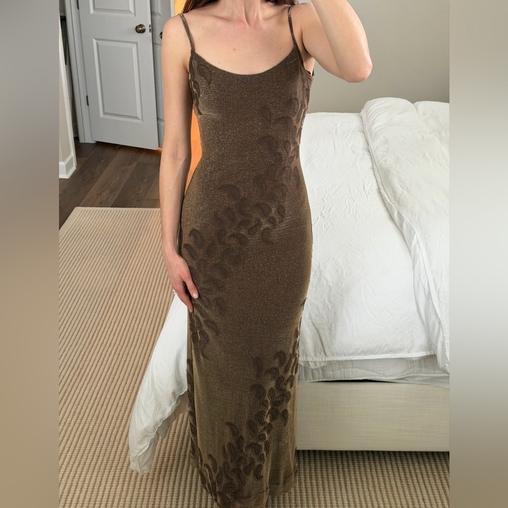 90s designer brown shimmer dress